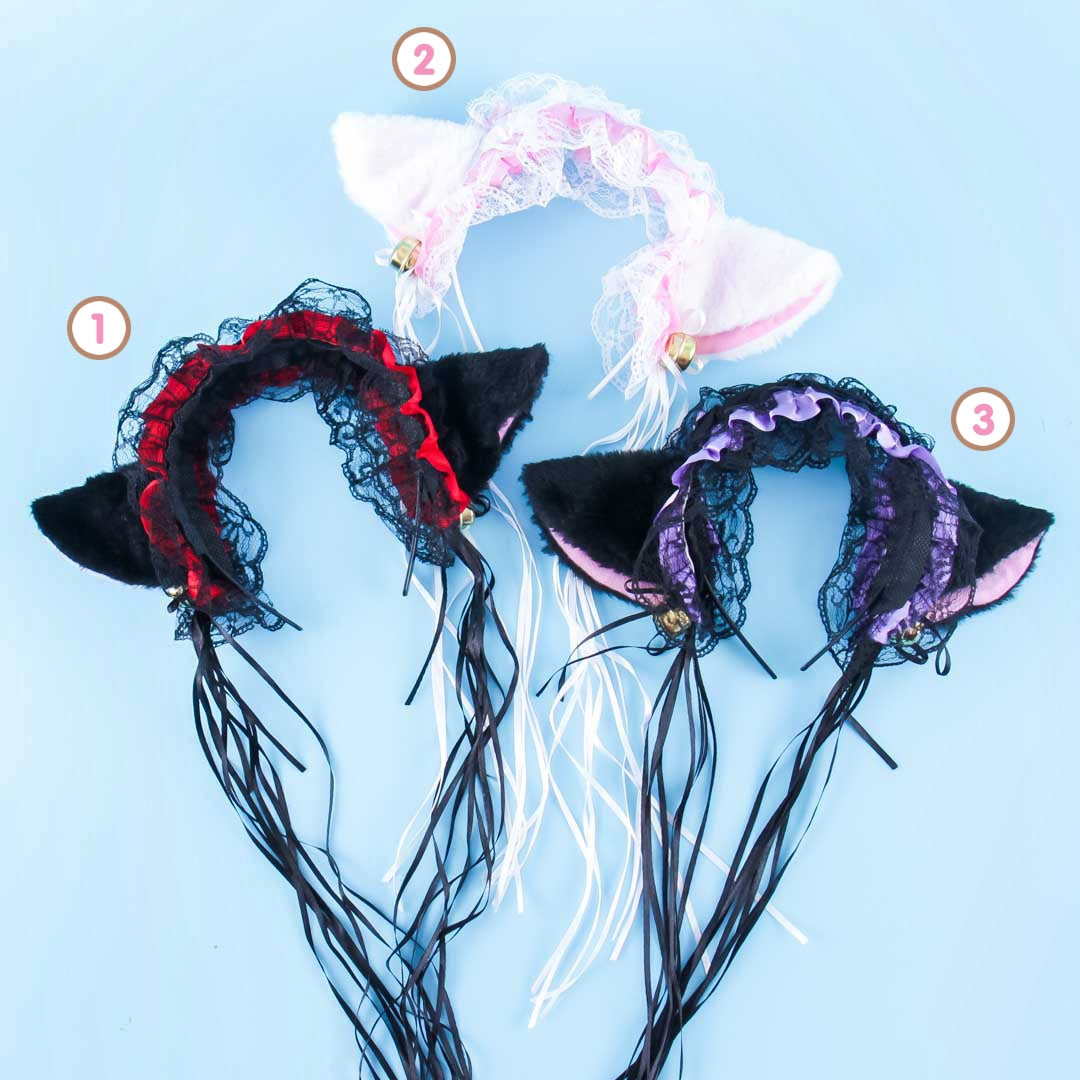 Fluffy Cat Ears Lace Headband With Bells