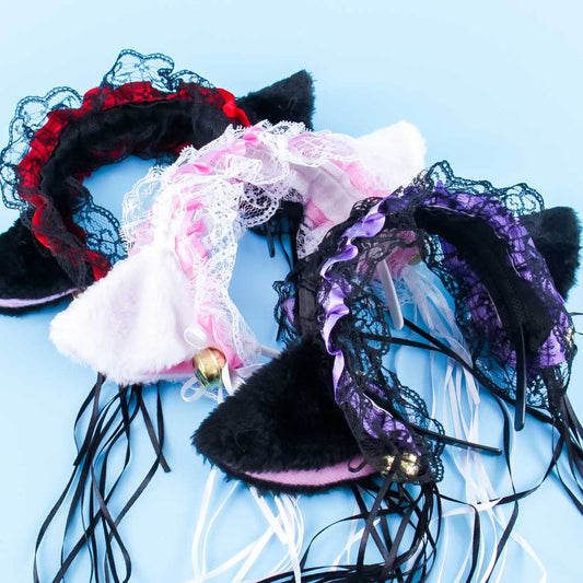 Fluffy Cat Ears Lace Headband With Bells