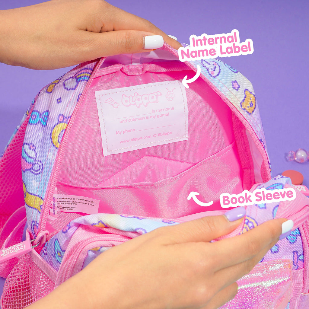 Showing the internal name label on a kawaii backpack for toddlers.