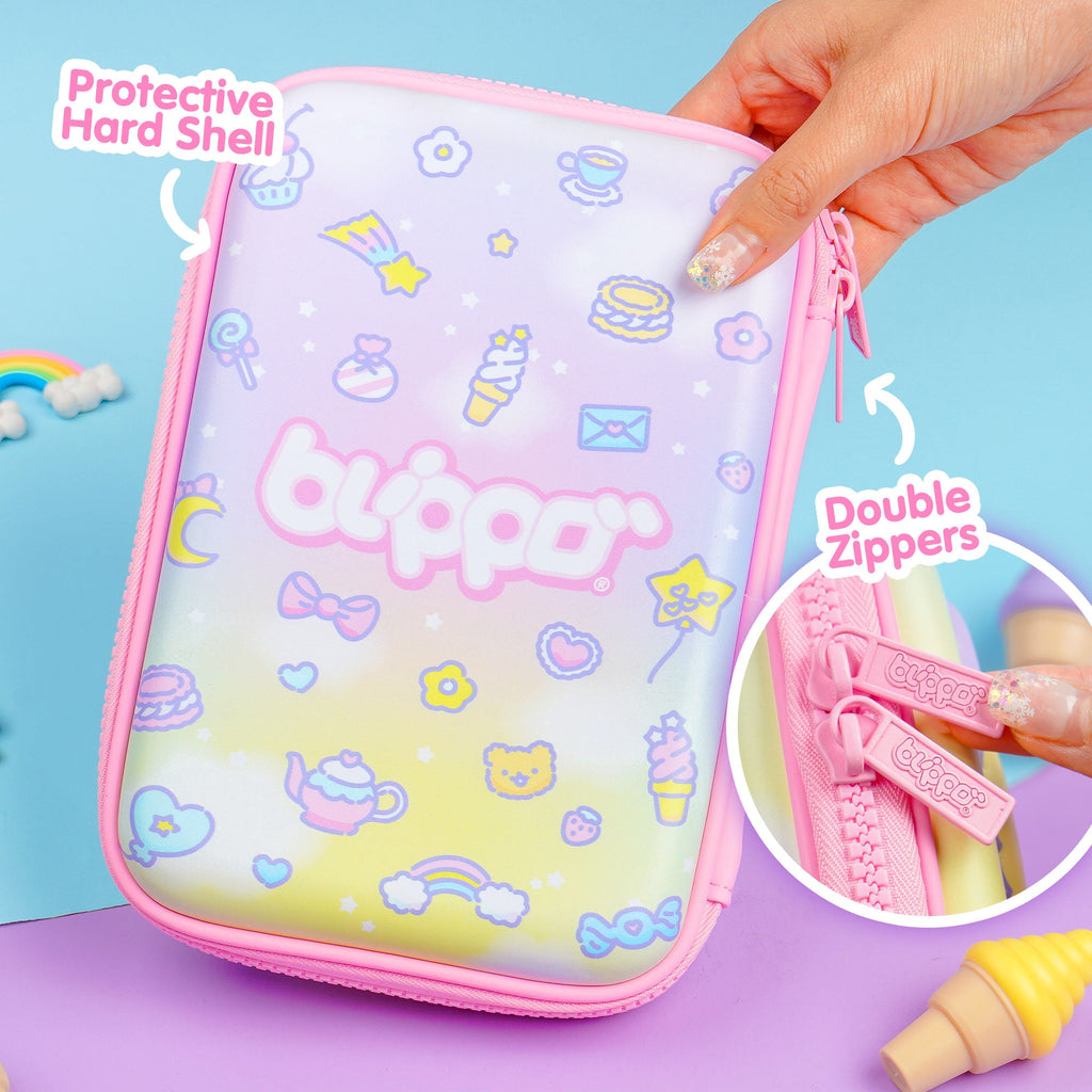 Woman holding a pink kawaii pencil case for girls with cute designs for kids.