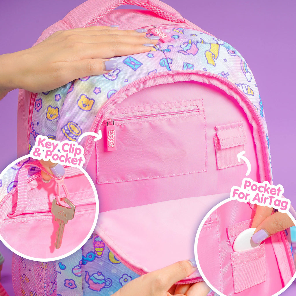 Opening a cute girls’ backpack for school. Featuring pink kawaii designs, a key pocket and a pocket for AirTag.