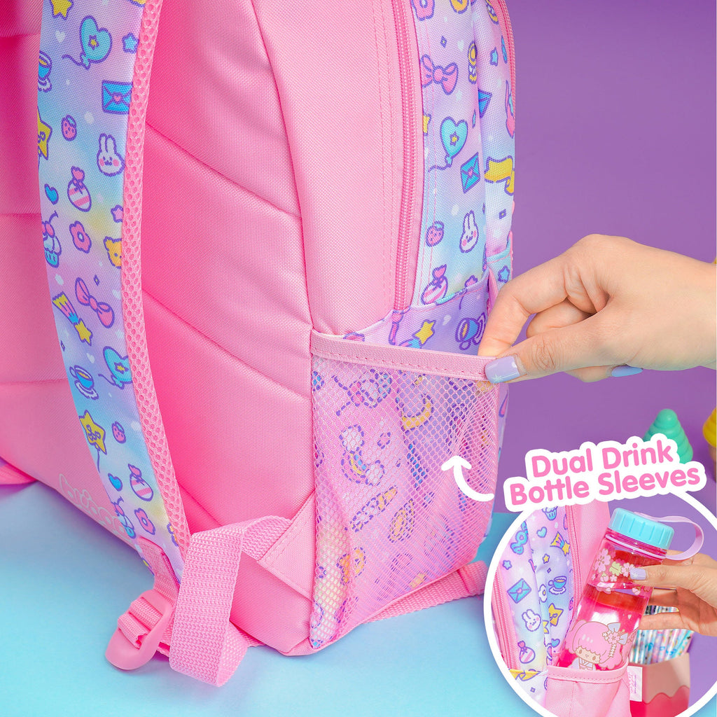 Woman showing a bottle sleeve of a kawaii backpack for girls.