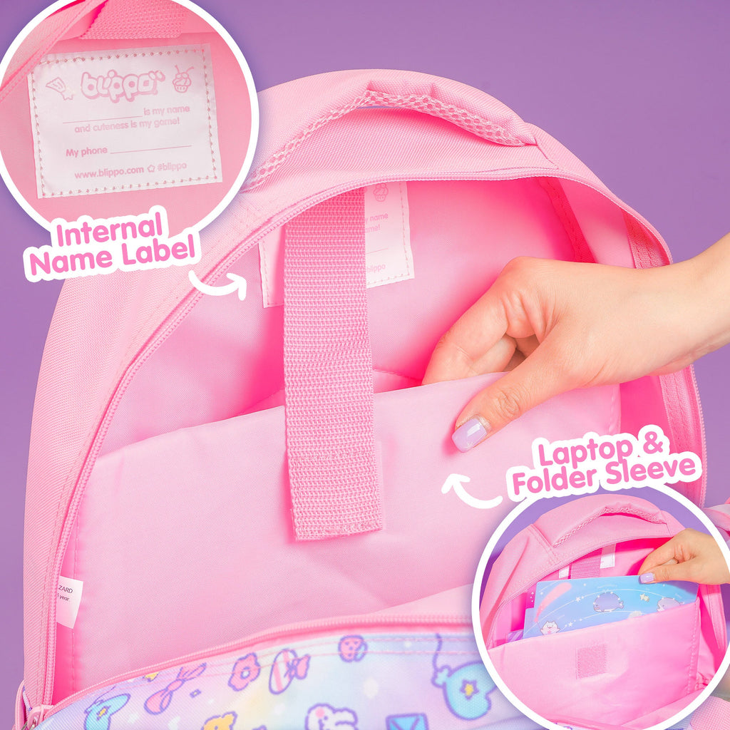 Woman showing the laptop sleeve of a kawaii backpack for girls.