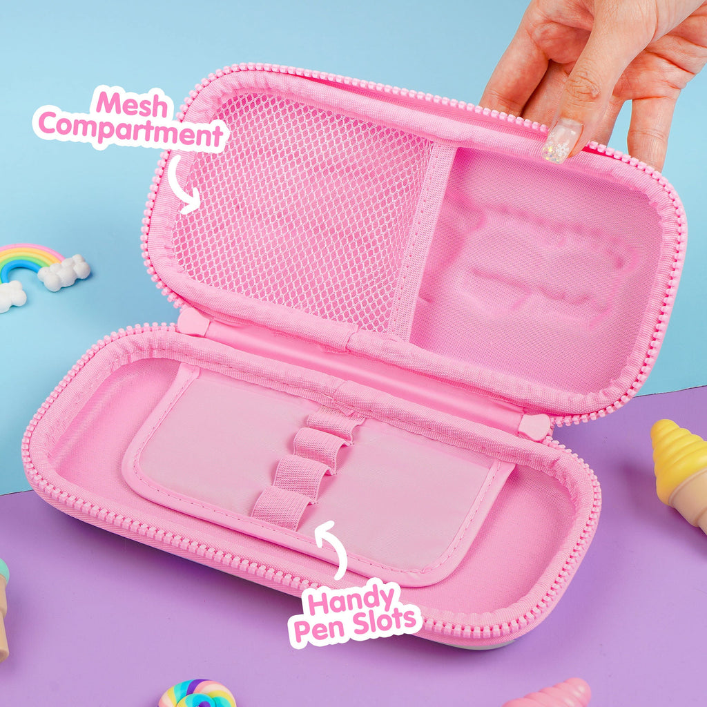 Woman opening a pink kawaii pencil case for girls. Cute pencil case for kids. 