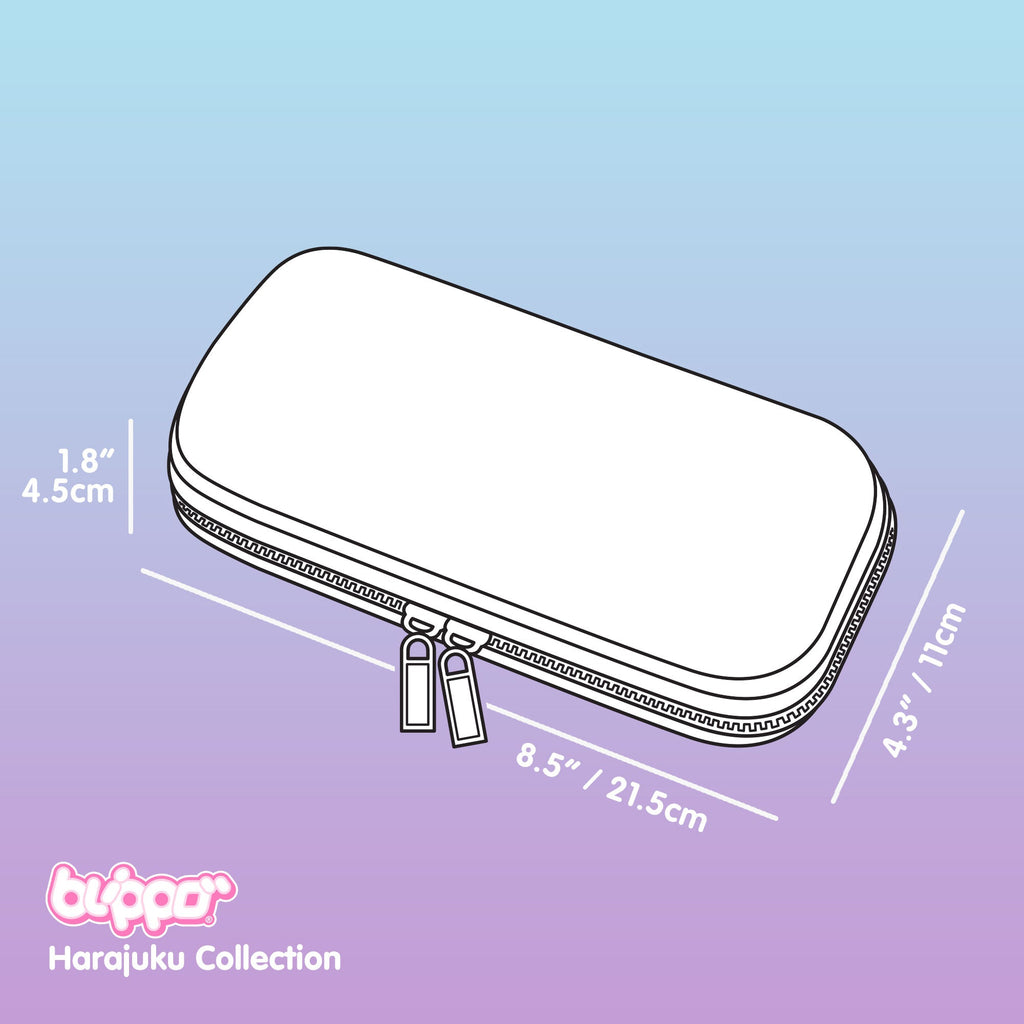 Measurements of a cute kawaii pencil case for kids.