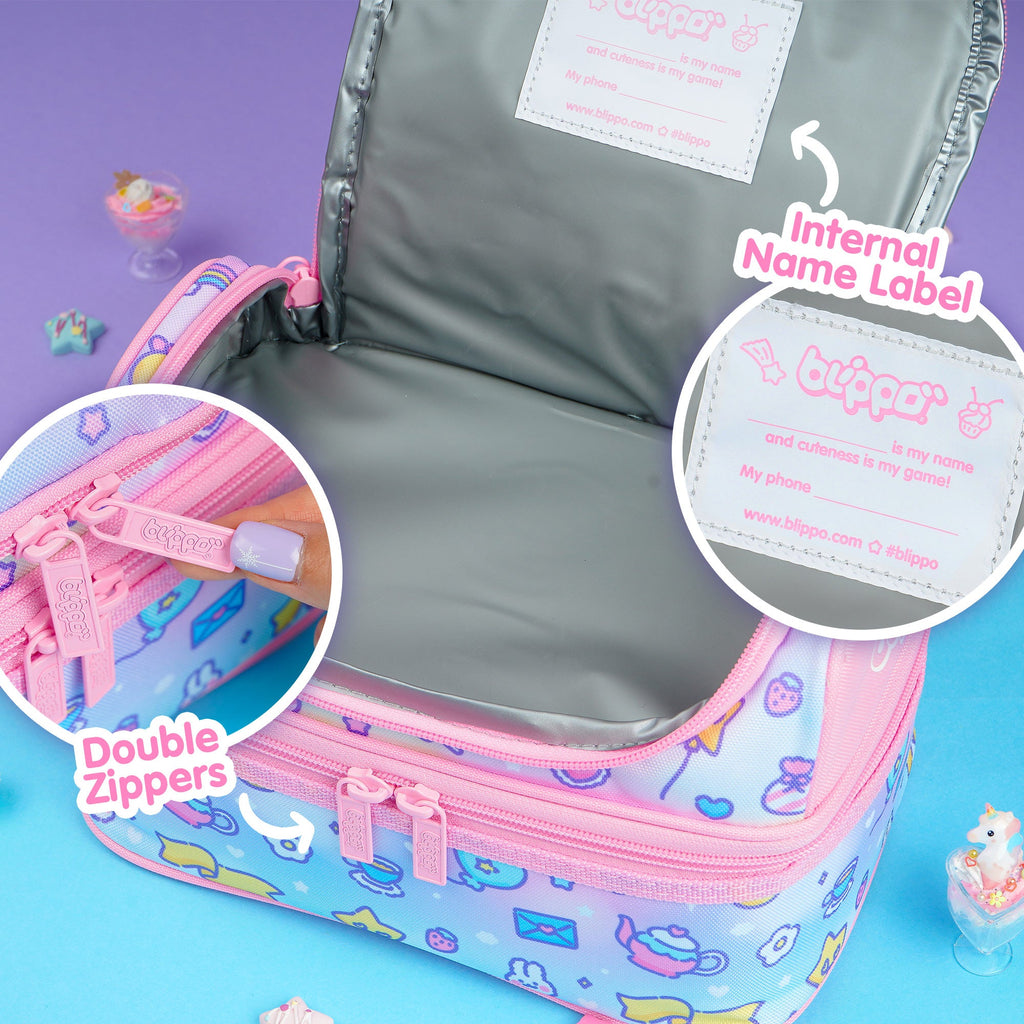 Pink insulated lunch box designed for girls and featuring kawaii designs for school.